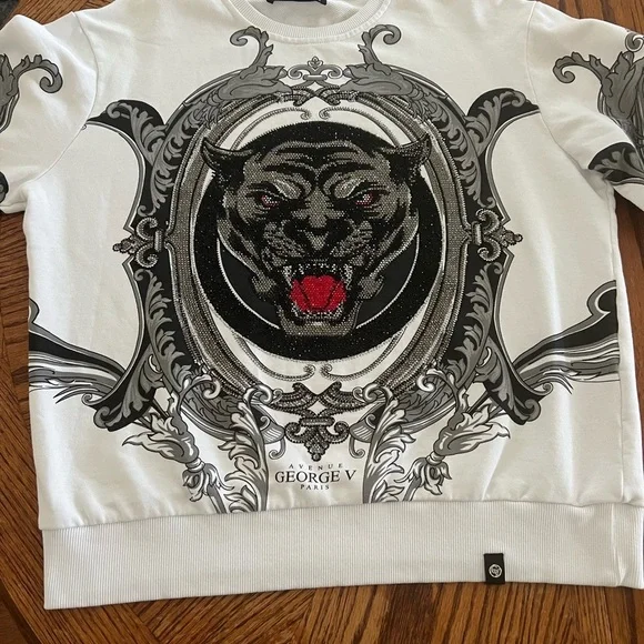 GEORGE V PARIS  Men's White and Black Panther Sweater VINTAGE - Picture 3 of 12